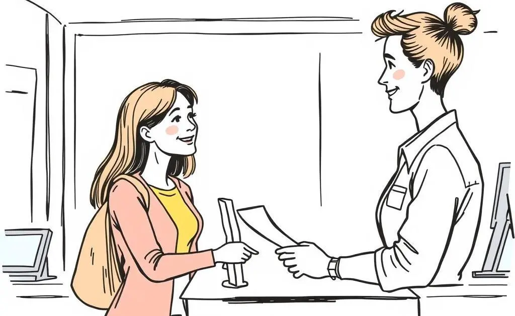 Hand-drawn style image of a person having a friendly conversation with a bank teller.