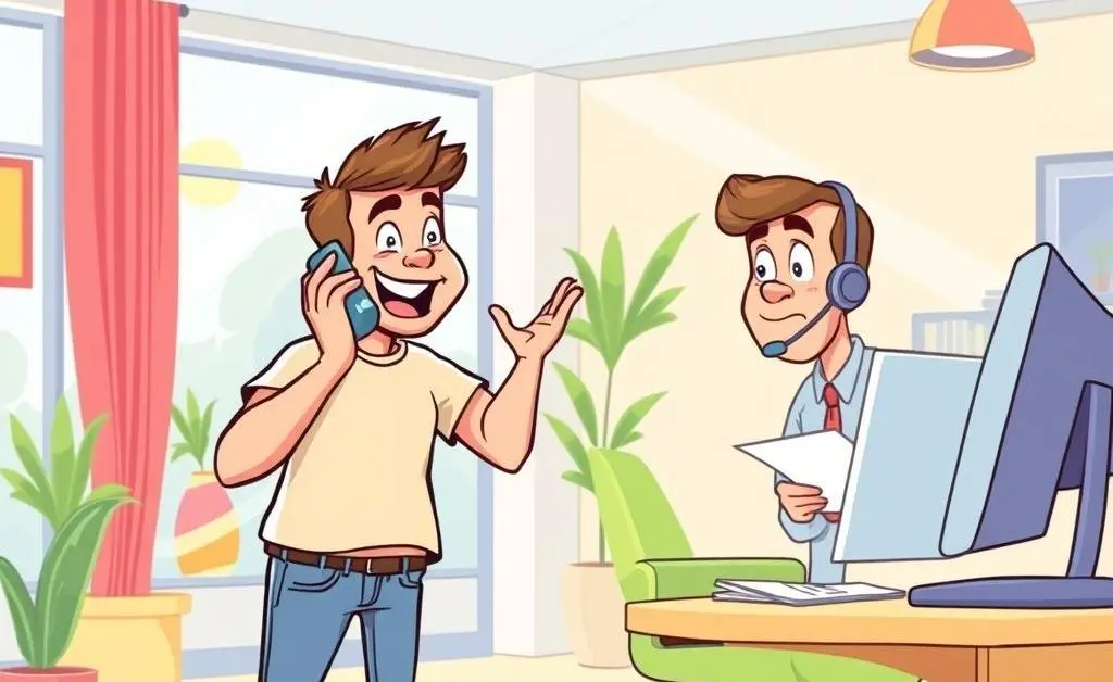 A cartoon of a car owner talking to an insurance agent on the phone