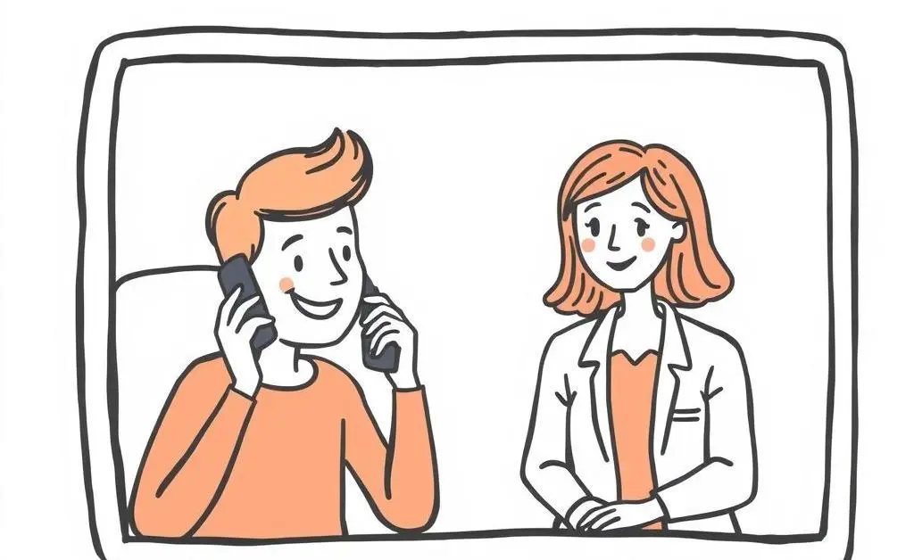 A hand-drawn illustration of a person on the phone with a friendly insurance agent, both smiling.