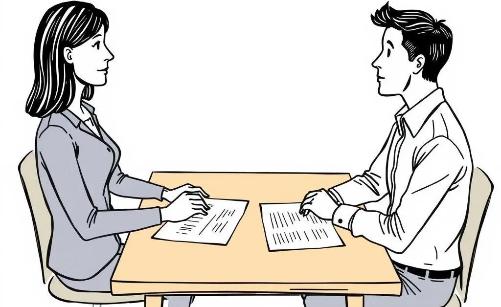 Hand-drawn style of two people having a conversation over a table with financial documents