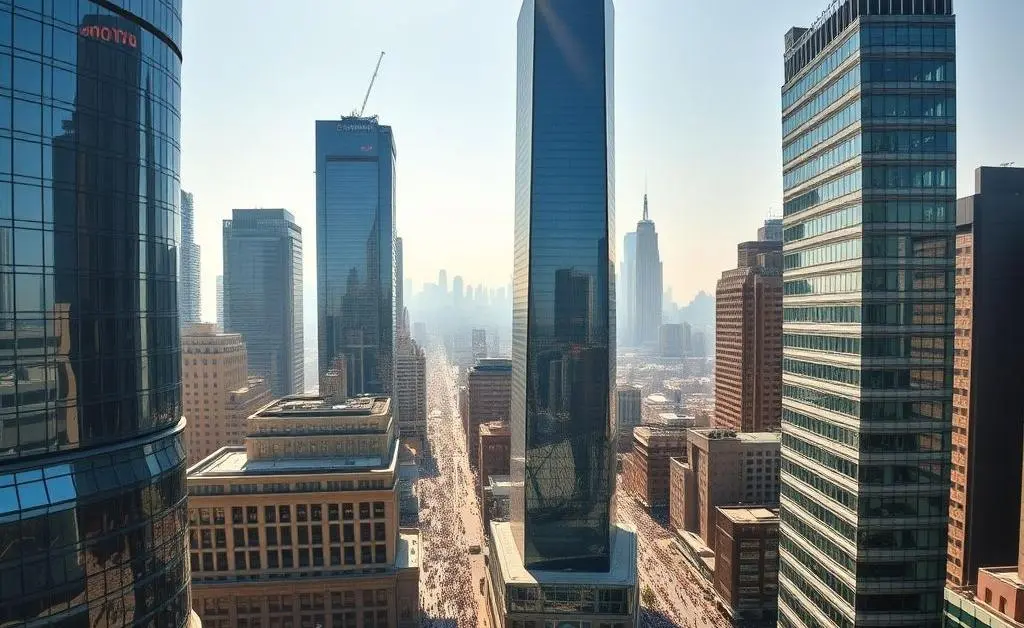 A skyline with tall buildings and skyscrapers in the financial district.