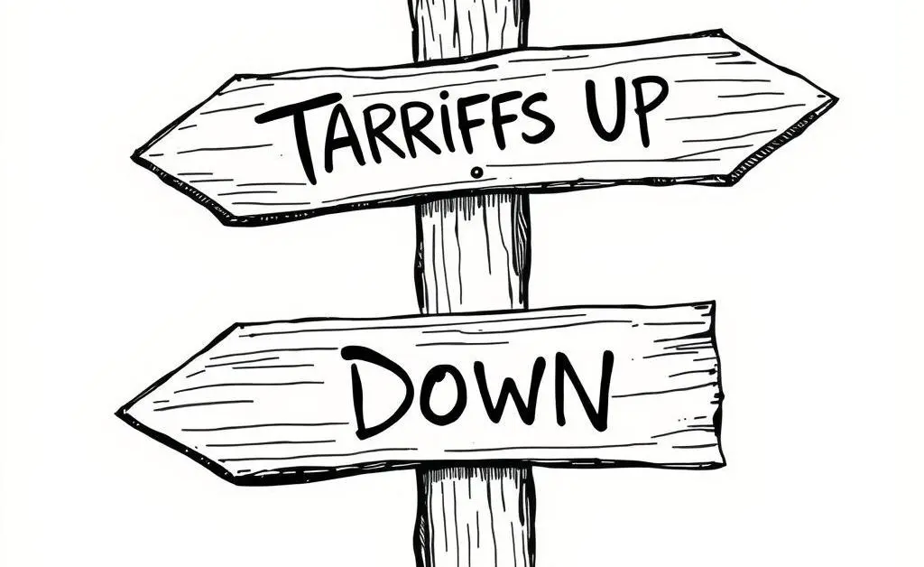 A signpost with arrows labeled 'Tariffs Up' and 'Tariffs Down'.