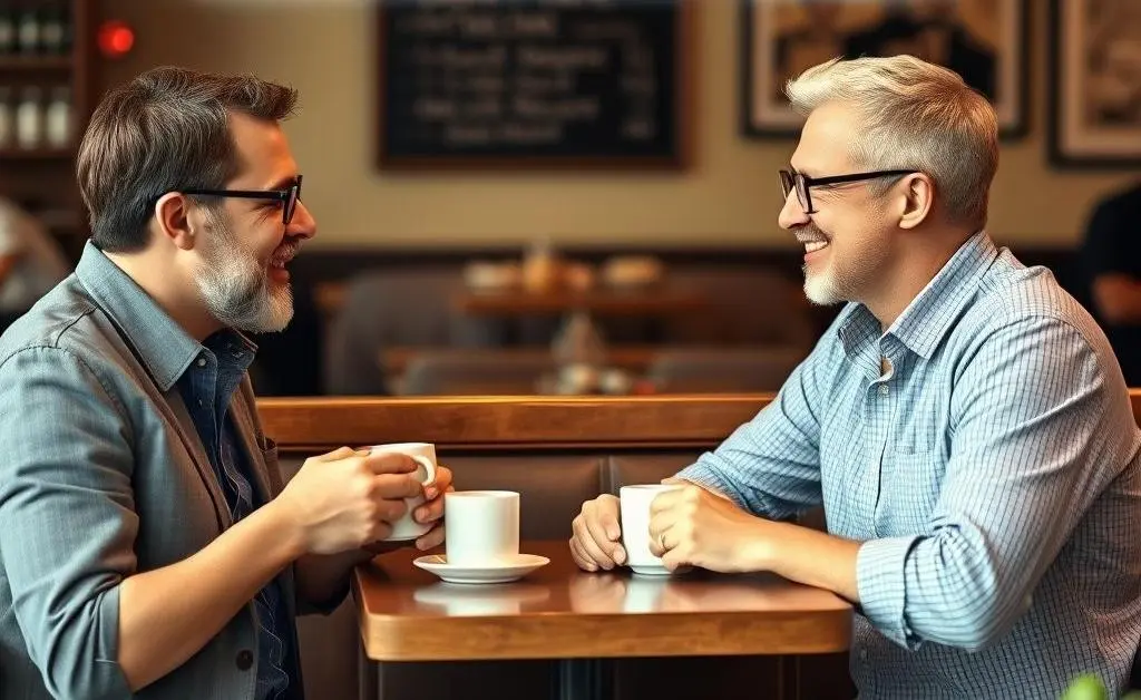 Two friends discussing tariffs over coffee in a cozy cafe setting.