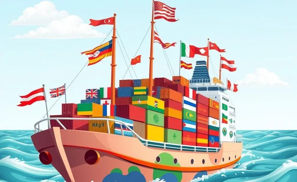 A cartoon of a ship carrying cargo marked with various national flags indicating trade and tariffs