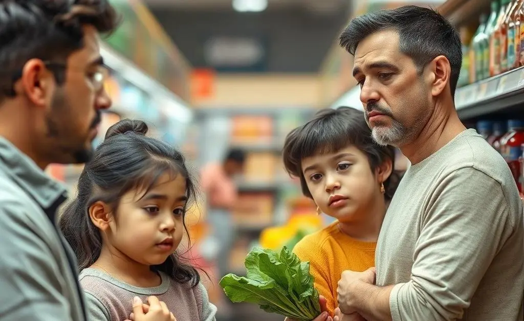 A family looking at grocery prices in a supermarket with a confused expression