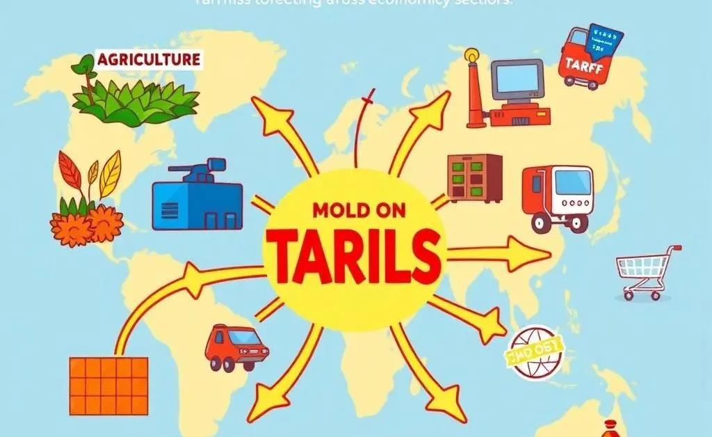 A cartoon-style infographic showing tariffs affecting different economic sectors