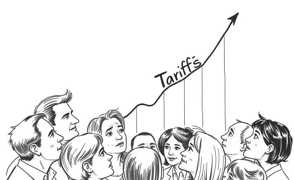 Hand-drawn illustration of people looking at a rising graph labeled 'Tariffs.'