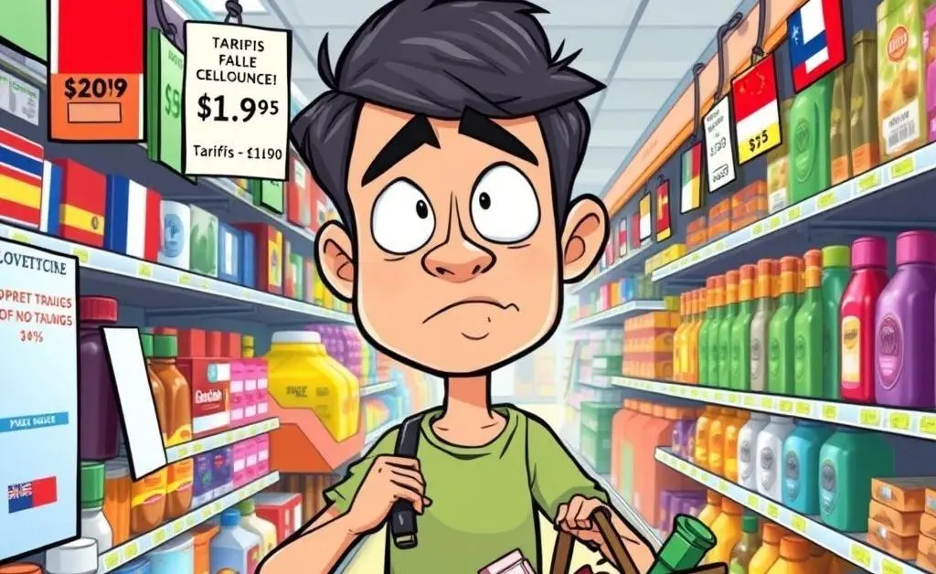 Cartoon of a shopper looking confused at price tags influenced by tariffs.