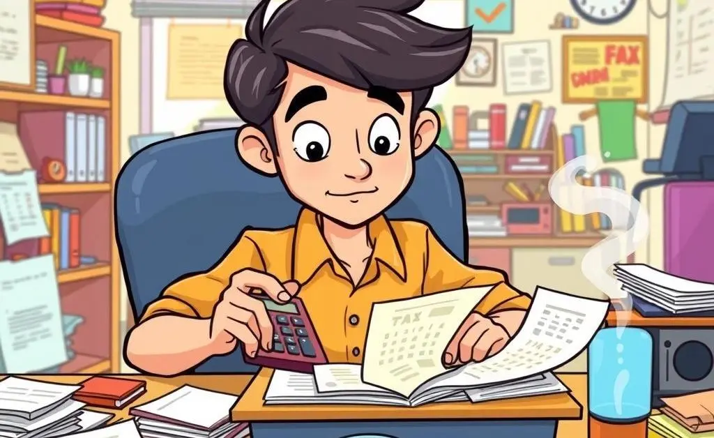 A person calculating taxes with papers, calculator and coffee mug