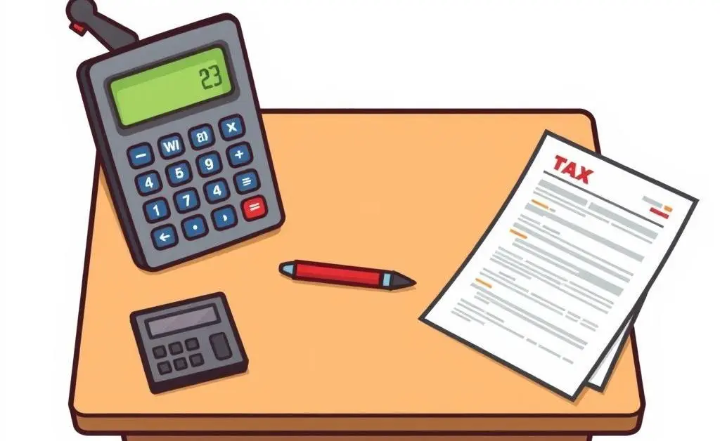 A desk with a calculator and tax documents