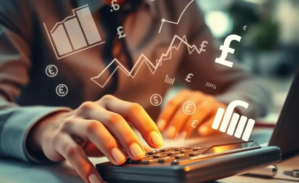 A person using a calculator by hand with financial figures around it.