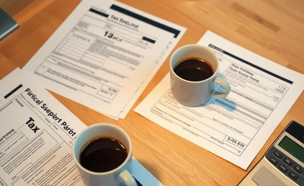 A neat desk with tax documents, a cup of coffee, and a calculator