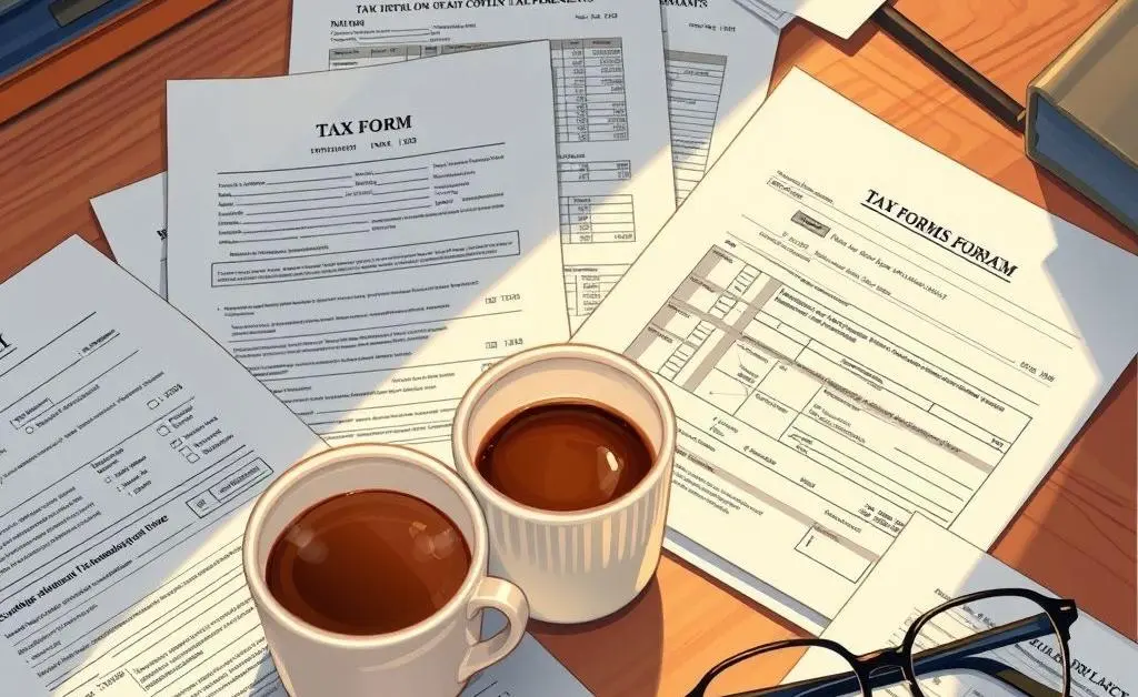 Illustration of tax documents spread on a desk