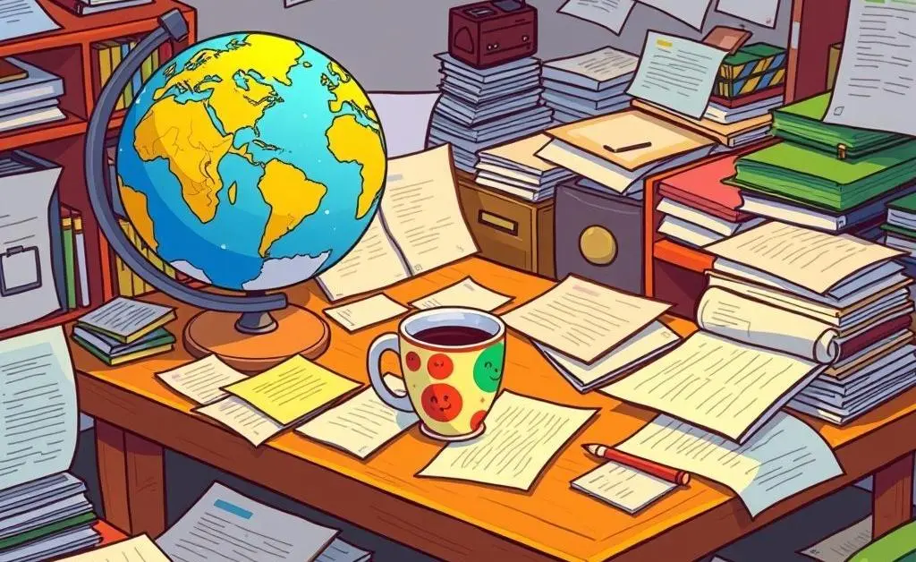 A cartoon-style image of a table filled with documents, a globe, and a coffee mug.
