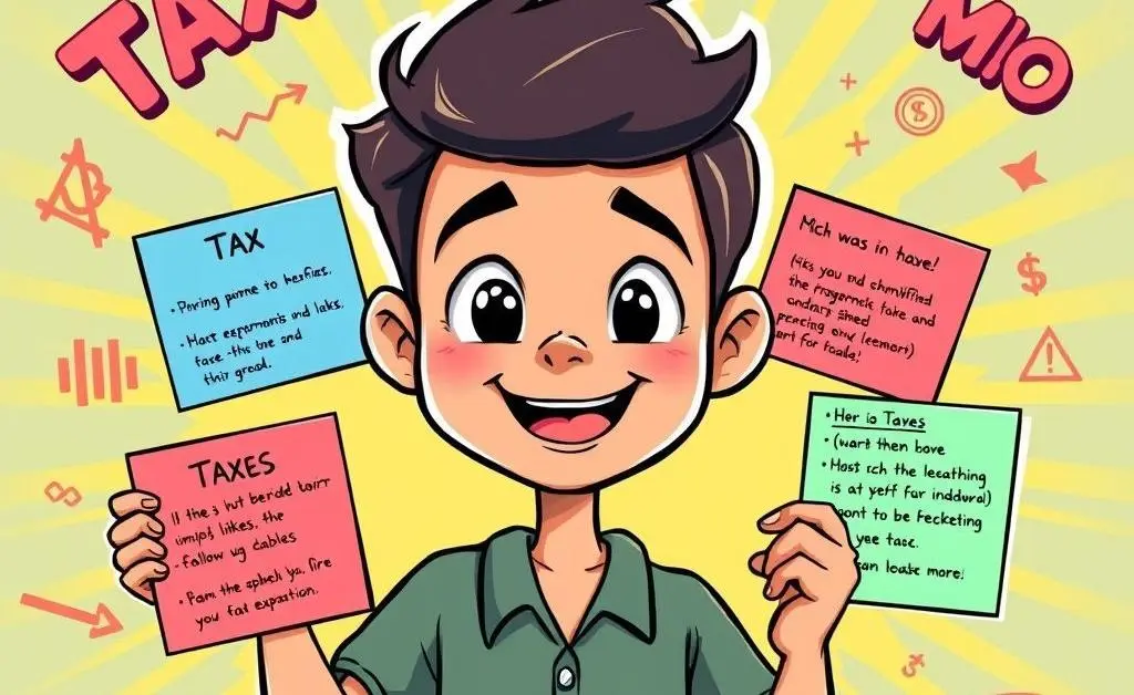 A hand-drawn illustration showing a person holding notes that explain tax terms.