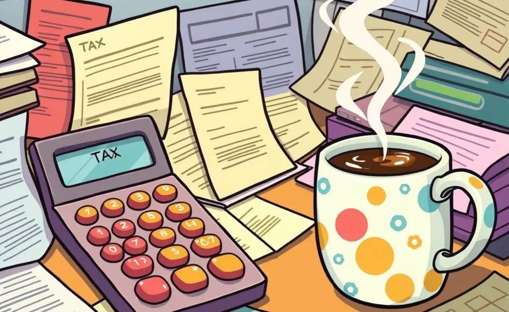 Cartoon-style desk cluttered with tax forms, a calculator, and a cup of coffee