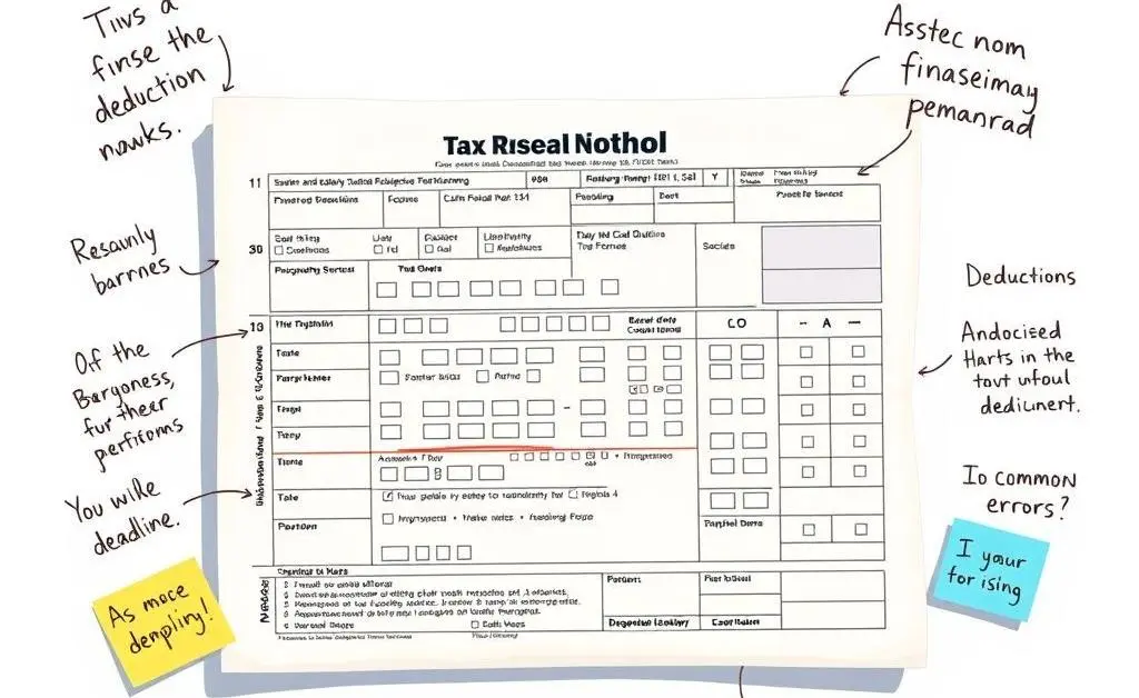 Illustrated tax form with annotated tips