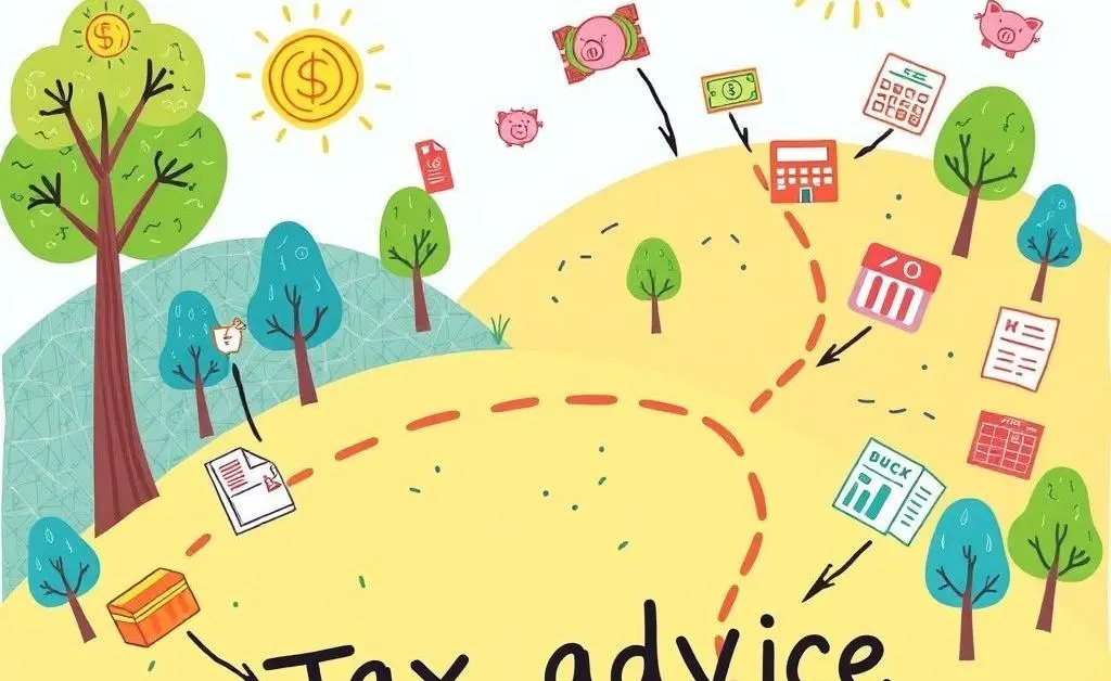 A whimsical roadmap indicating 'tax advice' with arrows pointing to various savings and investment options.