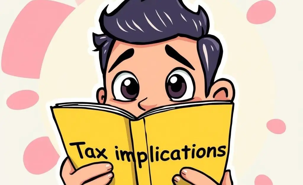 A cartoon-style drawing of a person holding a guide titled 'Tax Implications', looking curious.