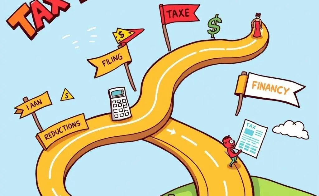 Cartoon-style roadmap with milestones showing a financial journey through taxes