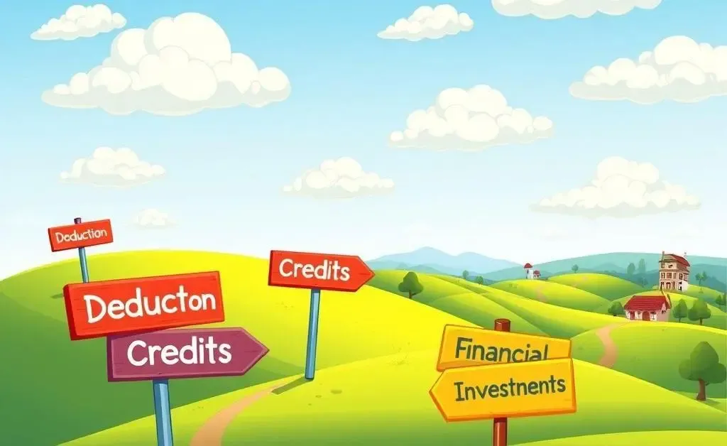 A cartoon of a landscape with various tax-related signposts like 'Deductions', 'Credits', 'Investments'