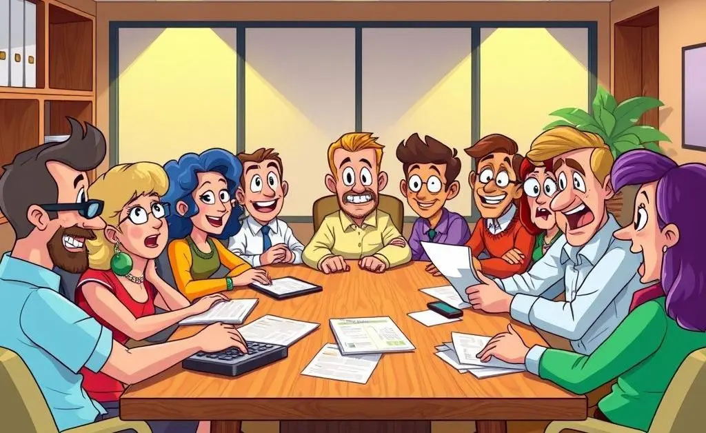 A group of cartoon characters sitting around a table discussing financial and tax planning strategies.