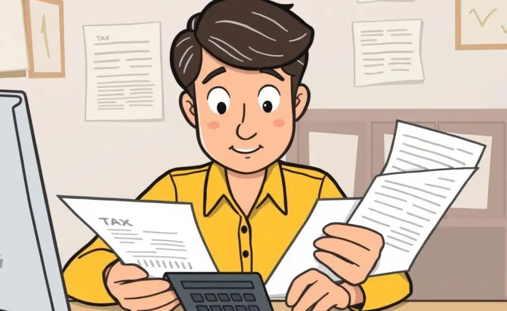 A cartoon-style scene of a person organizing tax documents with a calculator.