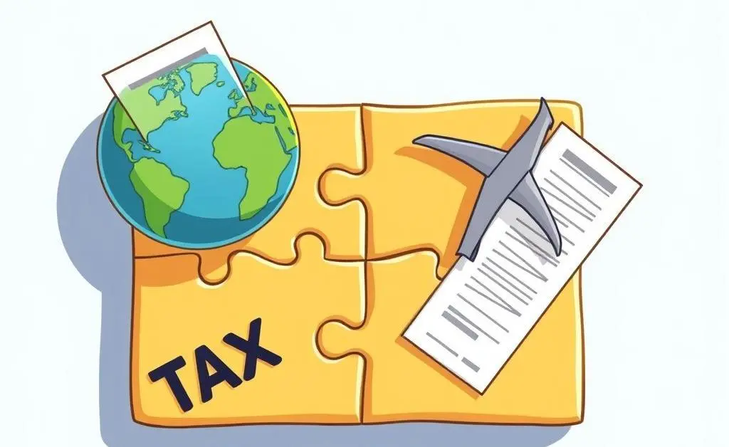 Puzzle pieces with tax forms and travel motifs