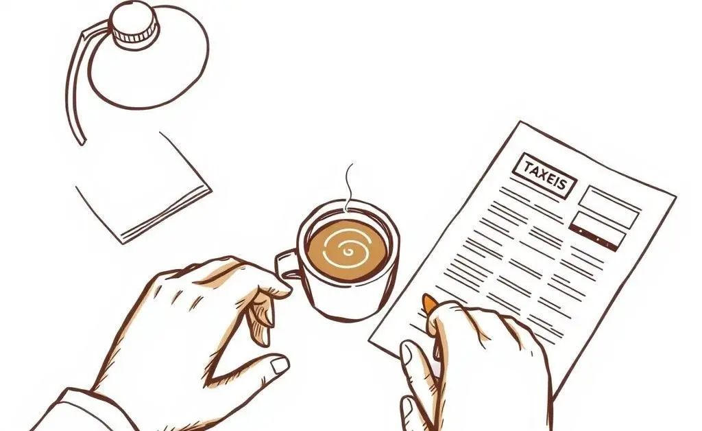 Hand-drawn image of a person planning taxes over coffee with papers and calculator