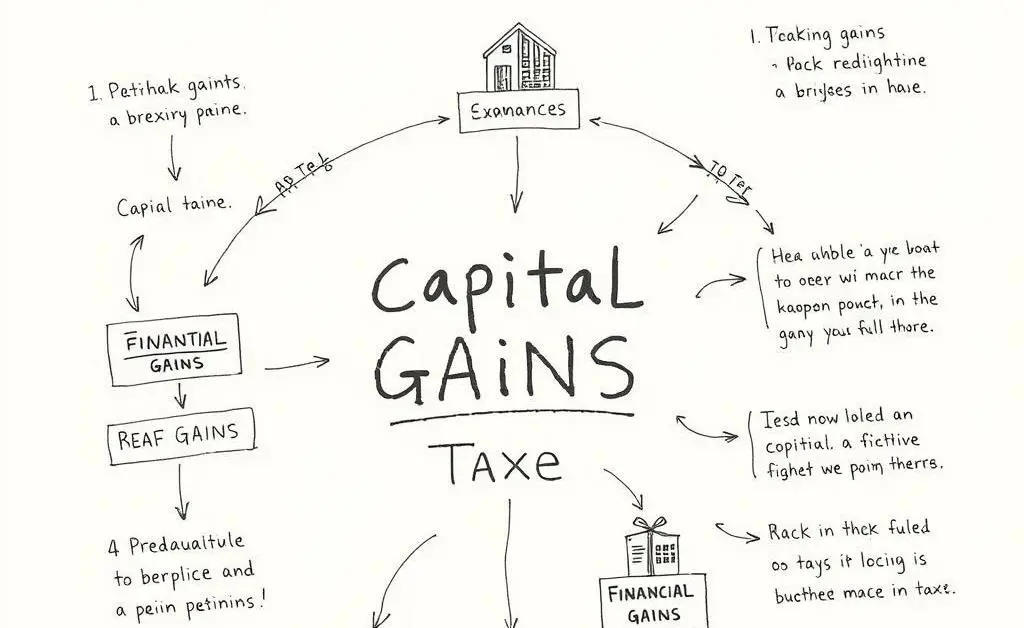 A hand-drawn flowchart illustrating the concept of capital gains and taxes.