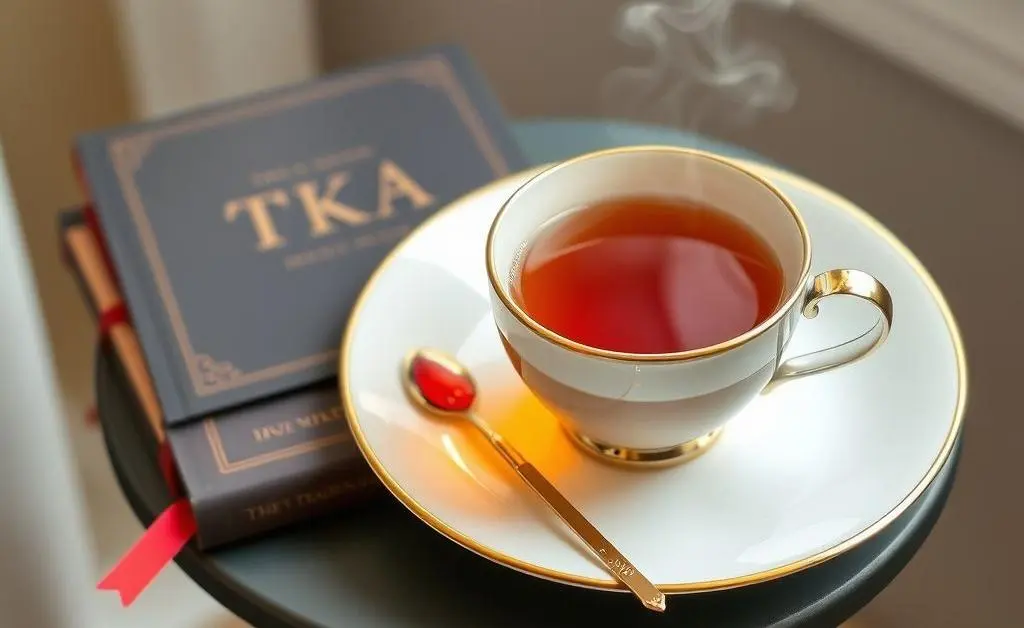 A small table with a steaming cup of tea, a bookmark, and two books