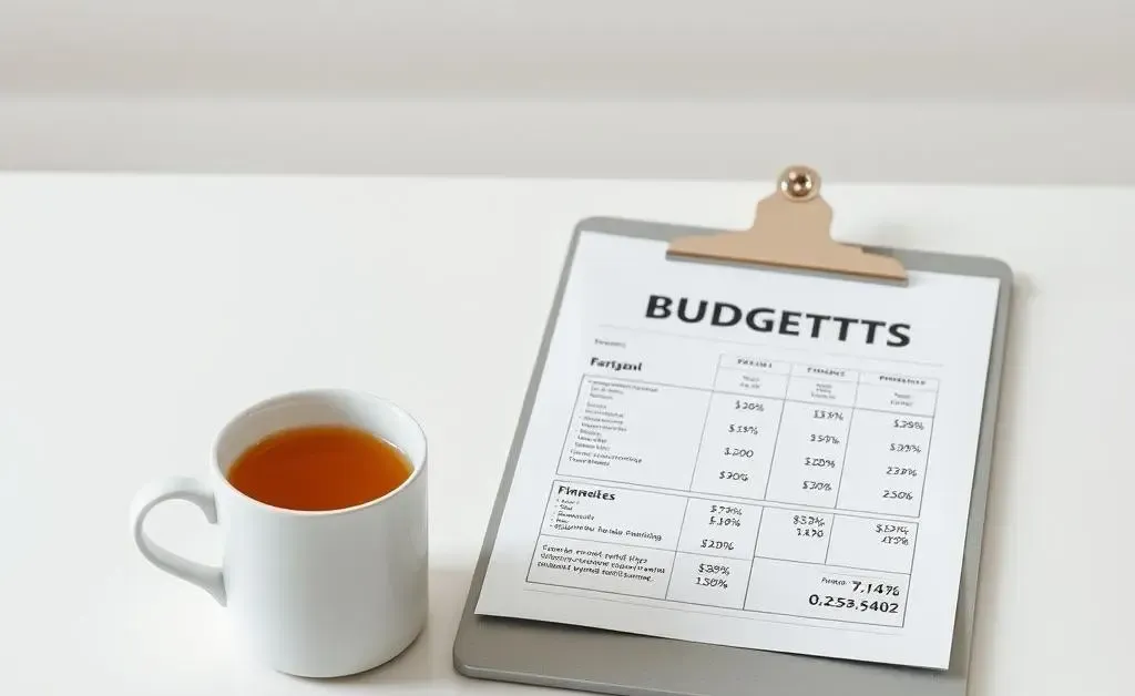 A minimal workspace with a clipboard displaying a budget plan next to a steaming mug of tea