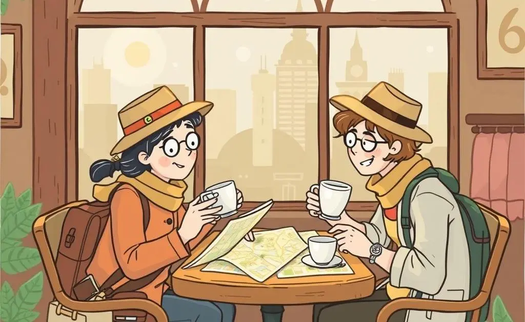 Travelers having tea in a cozy cafe, looking at maps.