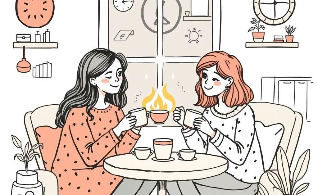 Two friends having tea, deep in conversation.
