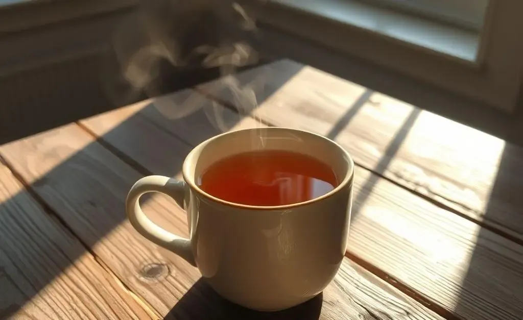 A serene morning with a steaming cup of tea on the table.