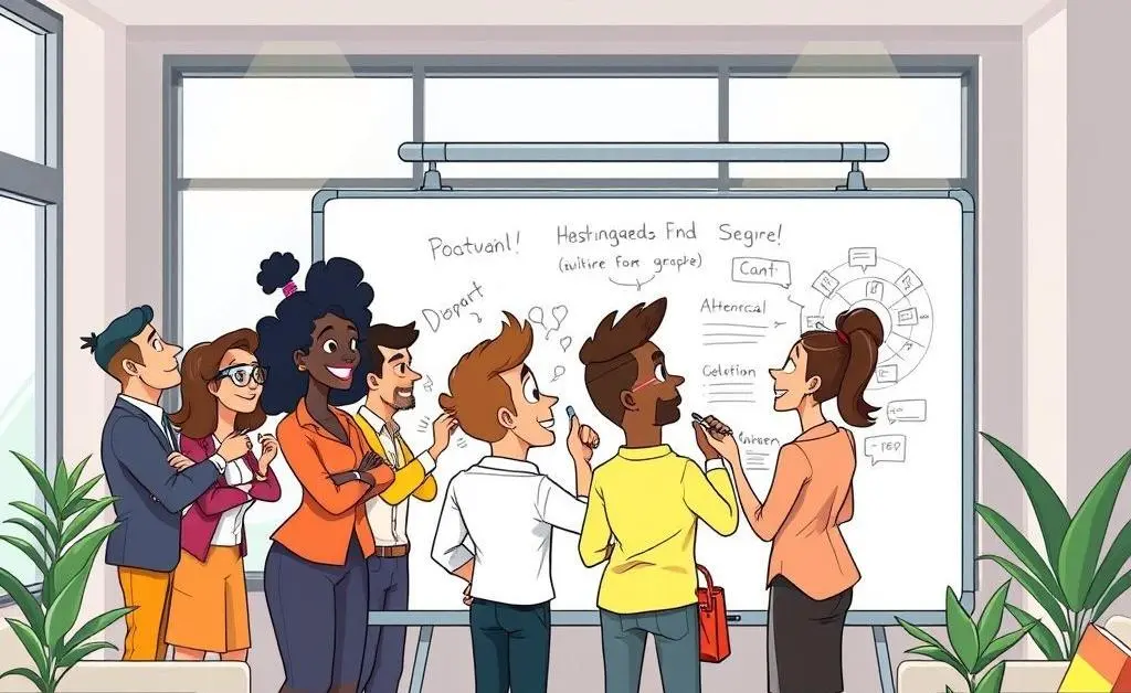 A cartoon-style illustration of a team of professionals brainstorming and writing on a whiteboard in a modern office.