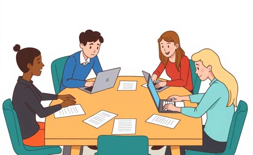 A cartoon-style image of a team collaborating around a table with laptops and papers.
