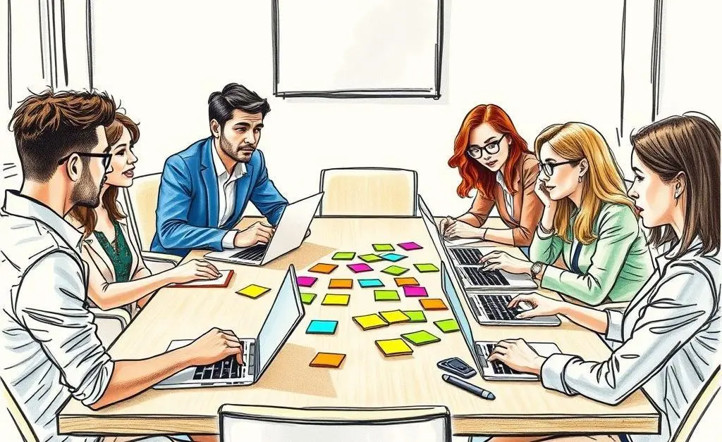 A hand-drawn style image of team members collaborating around a table with laptops and sticky notes.