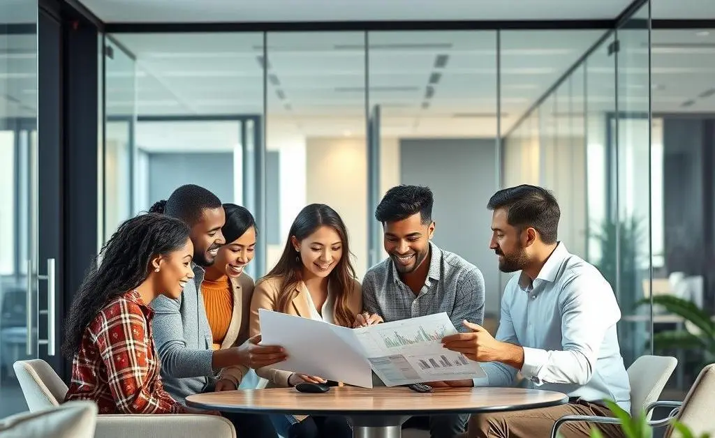 A diverse group of people working together on financial projects at a stylish office.