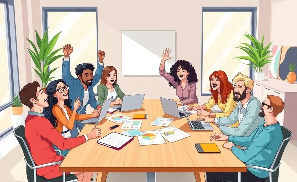 Illustration of a group of people having a productive discussion around a table