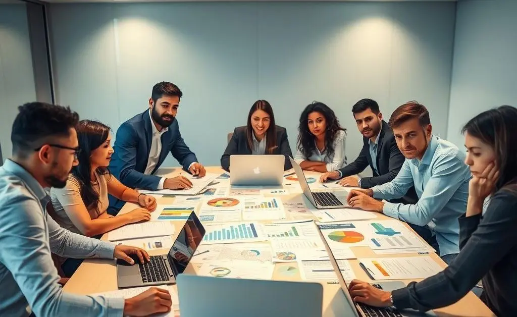 Diverse team engaged in financial discussion