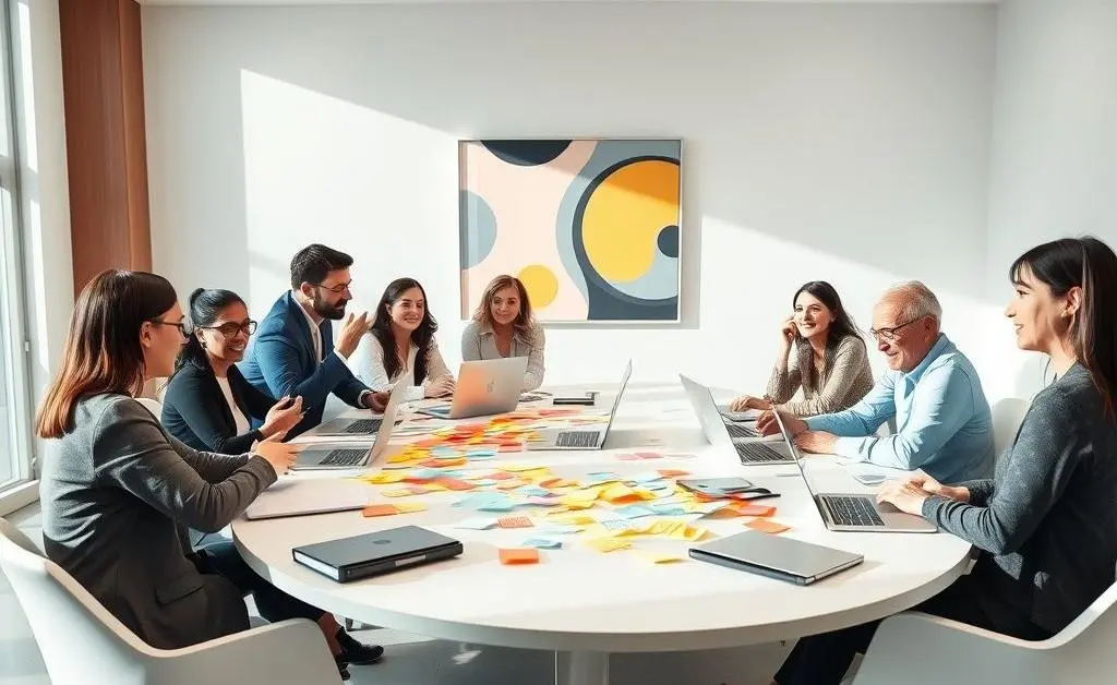 A team meeting with members offering ideas and collaborating