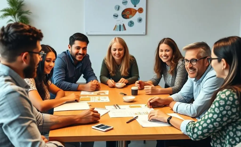 A diverse team brainstorming around a table, with visible enthusiasm and idea-sharing.