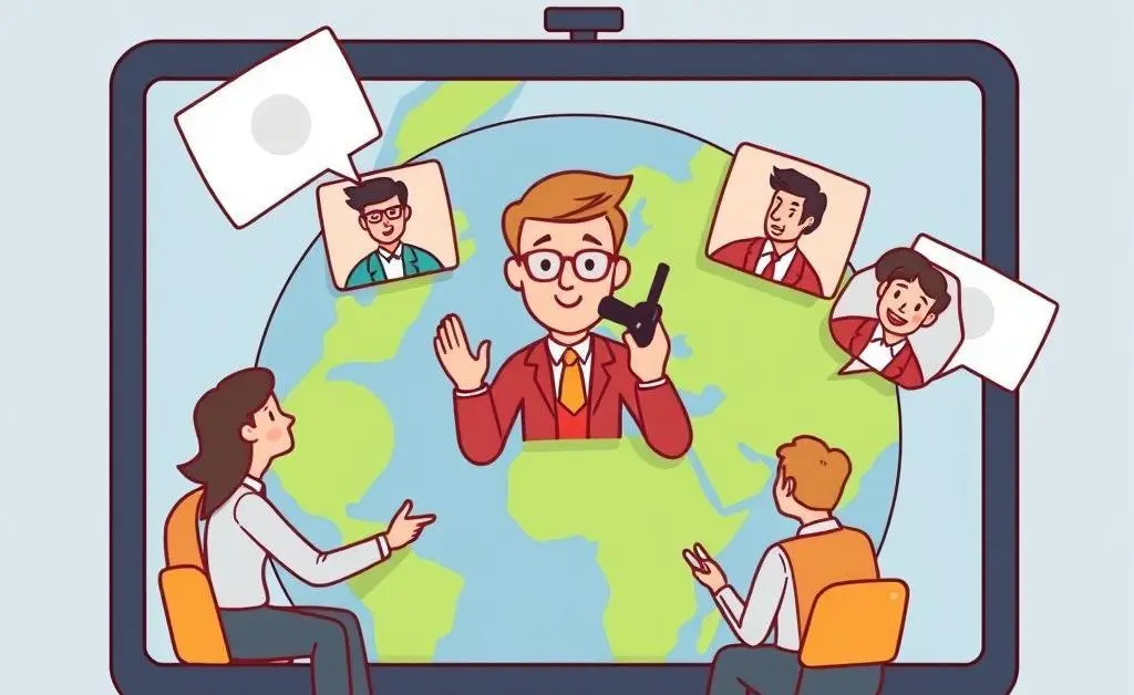 Cartoon of a manager video calling with global team members