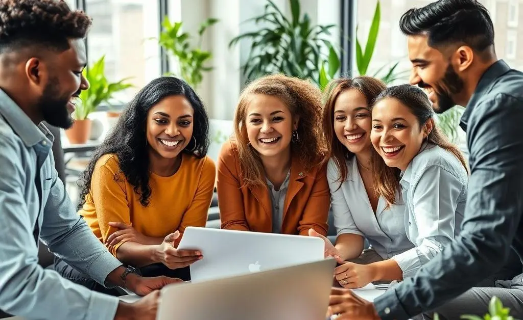 A team of diverse characters discussing and smiling while surrounded by laptops and documents