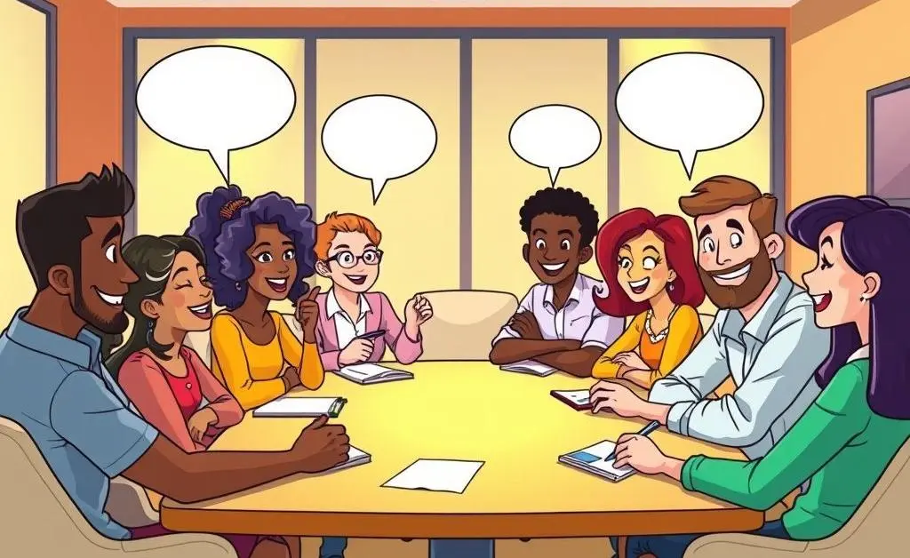 A group discussion around a table with diverse team members sharing ideas.