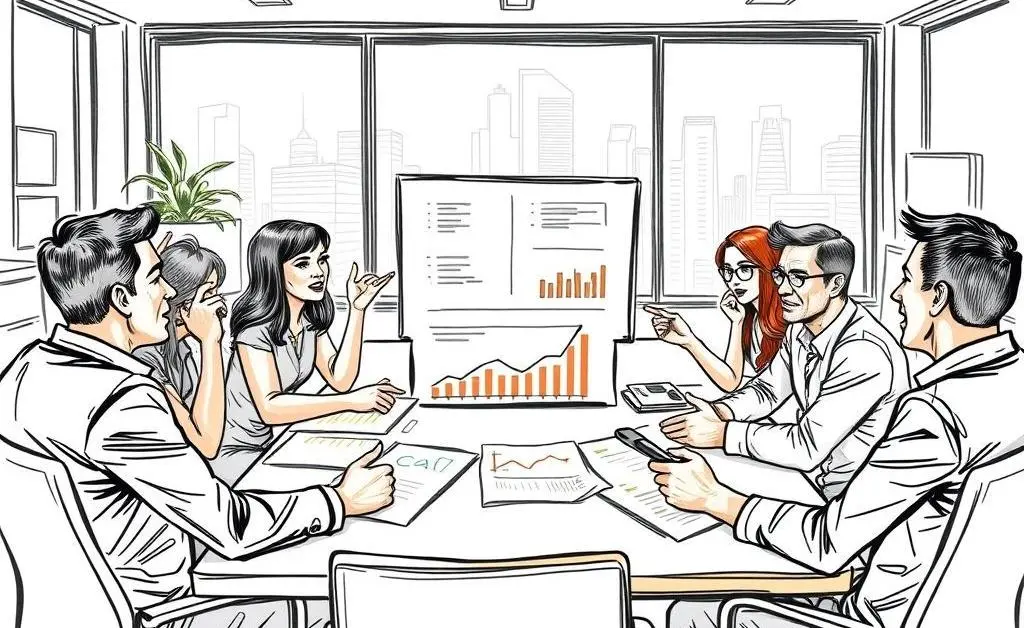 Illustration of a team discussing market trends in an office
