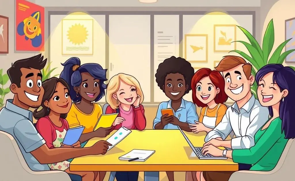 A cartoon-style illustration of a team in a casual meeting, discussing vacation plans with smiles.