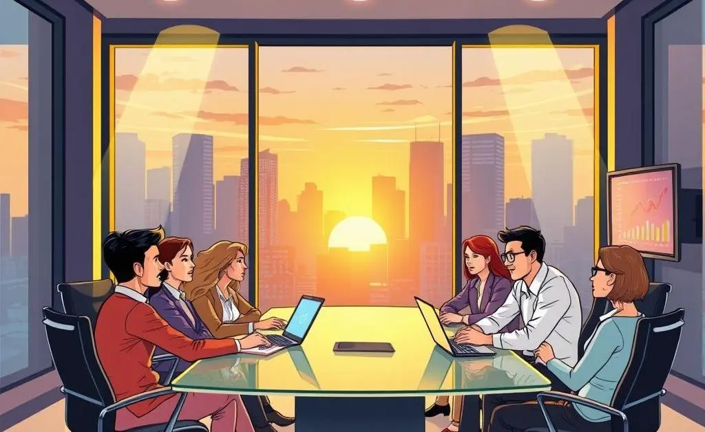 Professionals discussing projects in a modern boardroom