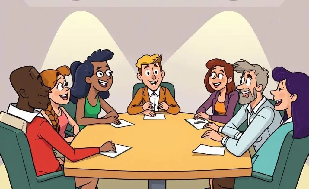 Cartoon-style depiction of a team discussion in a workplace.